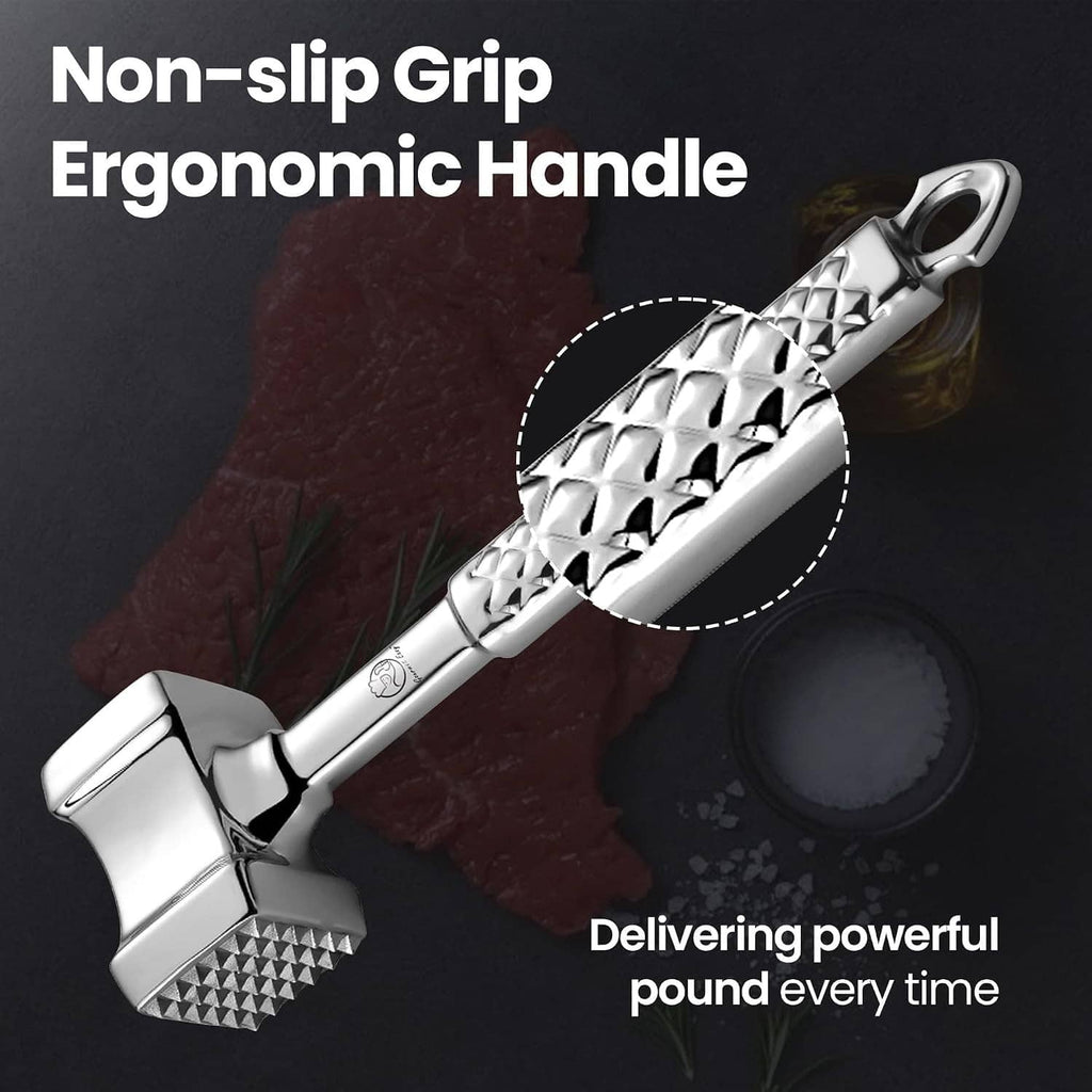 Non-slip stainless meat tenderizer mallet with textured grip and dual-sided head