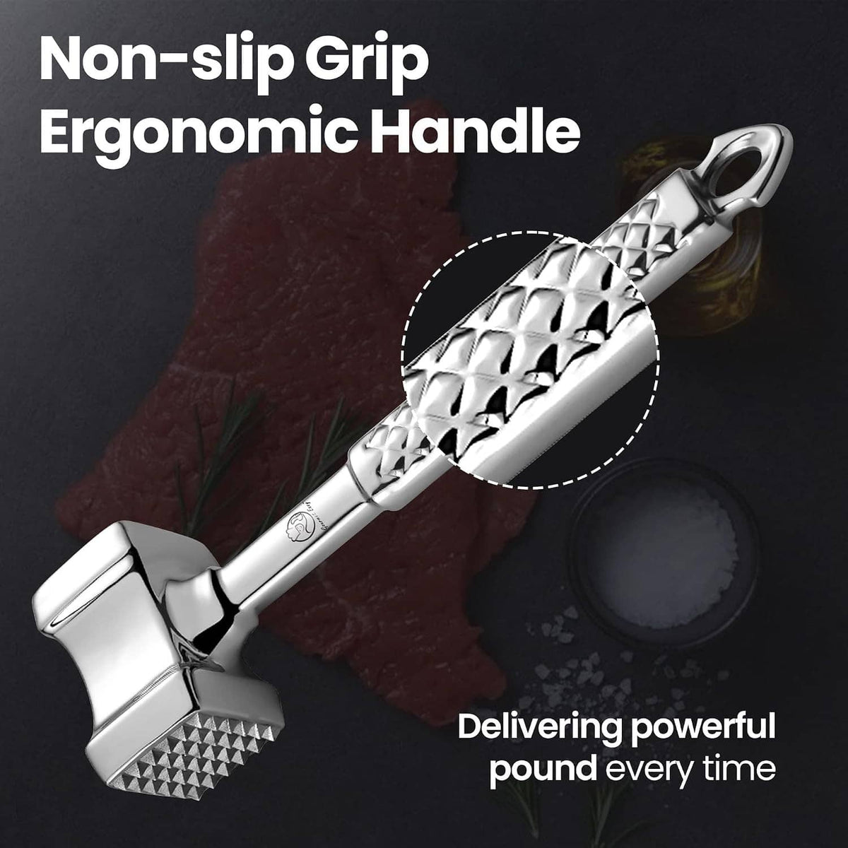 Non-slip stainless meat tenderizer mallet with textured grip and dual-sided head