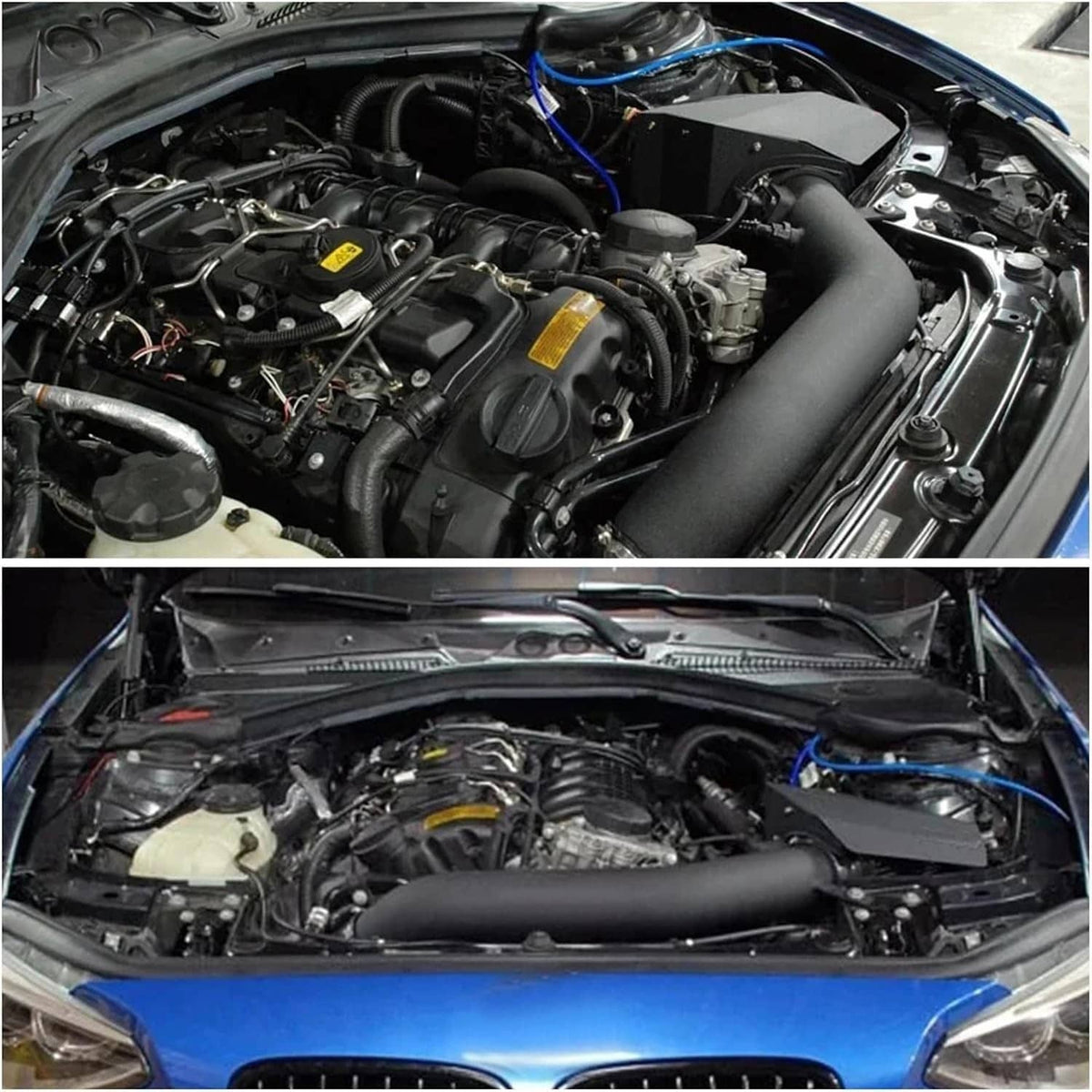 Engine bay view showing cold air intake installed with black intake tube and filter box