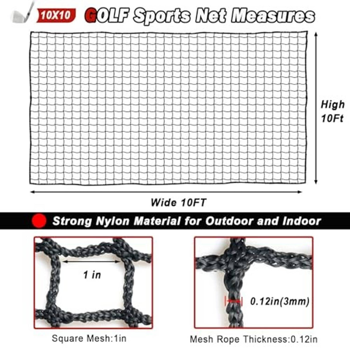 Rectangular sports net diagram with fine black square mesh and rope border