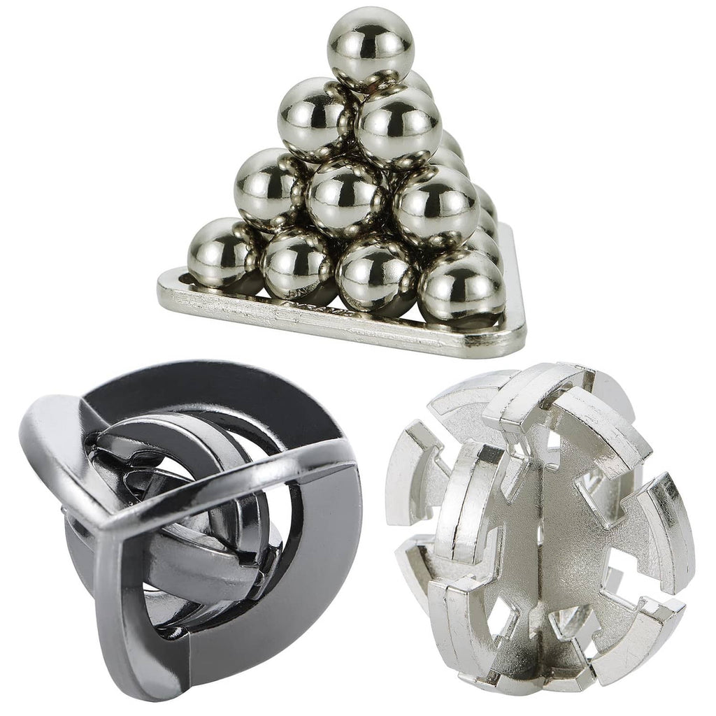Metal brain teaser puzzle ball stack on base, silver-tone interlocking spheres