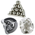 Metal brain teaser puzzle ball stack on base, silver-tone interlocking spheres