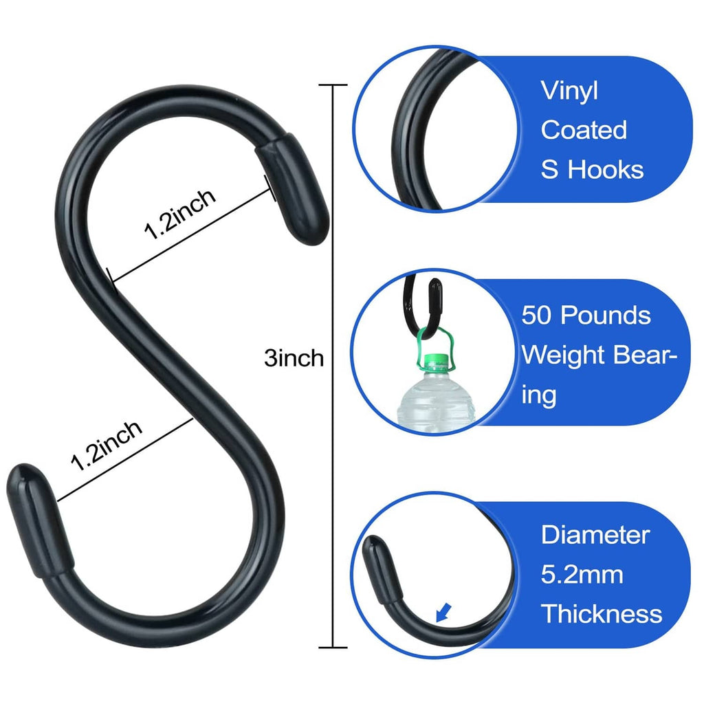 Black vinyl-coated S hooks, curved non-slip loop for hanging
