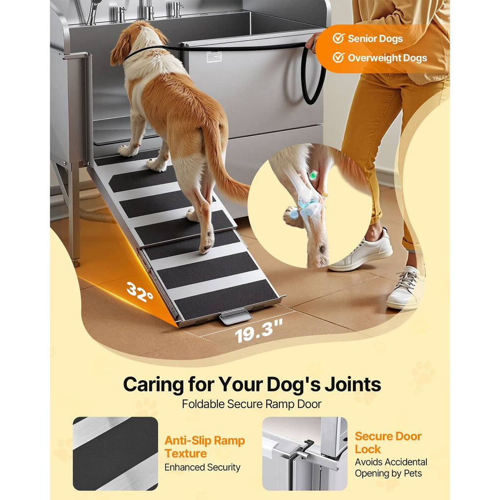Stainless steel grooming tub with anti-slip ramp steps and secure door lock for pets
