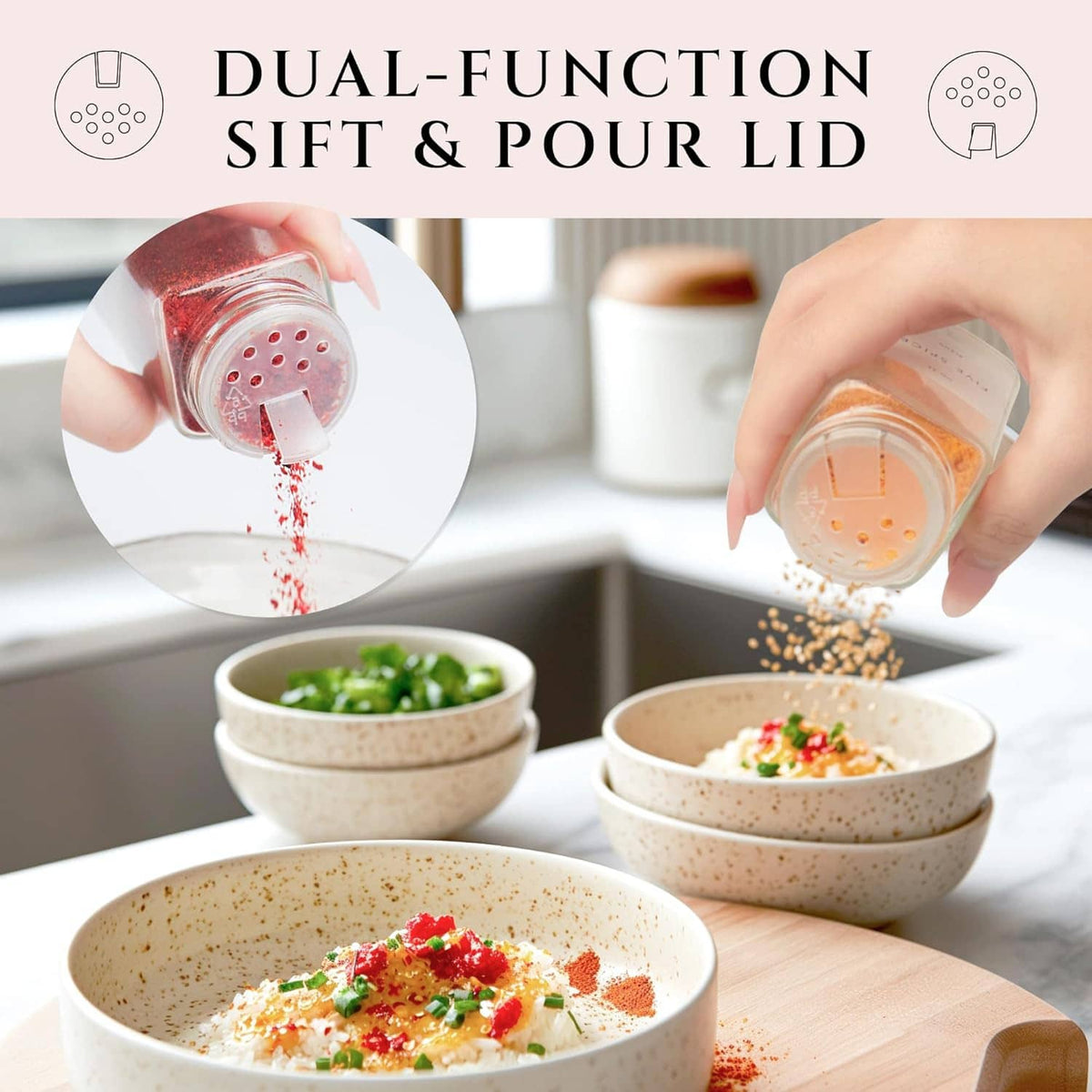 Clear spice jar with dual-function sifter and pour lid for seasoning and controlled dispensing