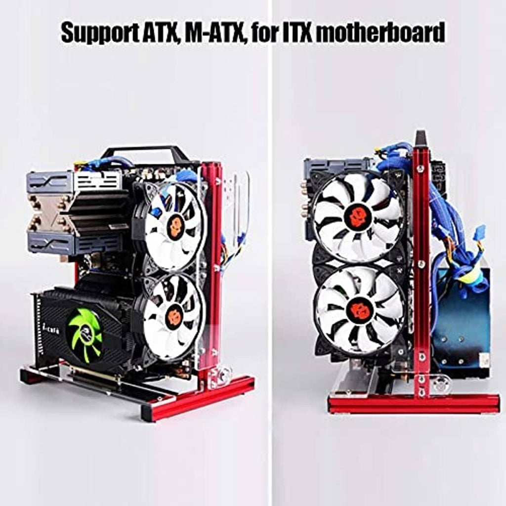 DIY computer motherboard case rack showing two cooling fans and ATX/M-ATX board support
