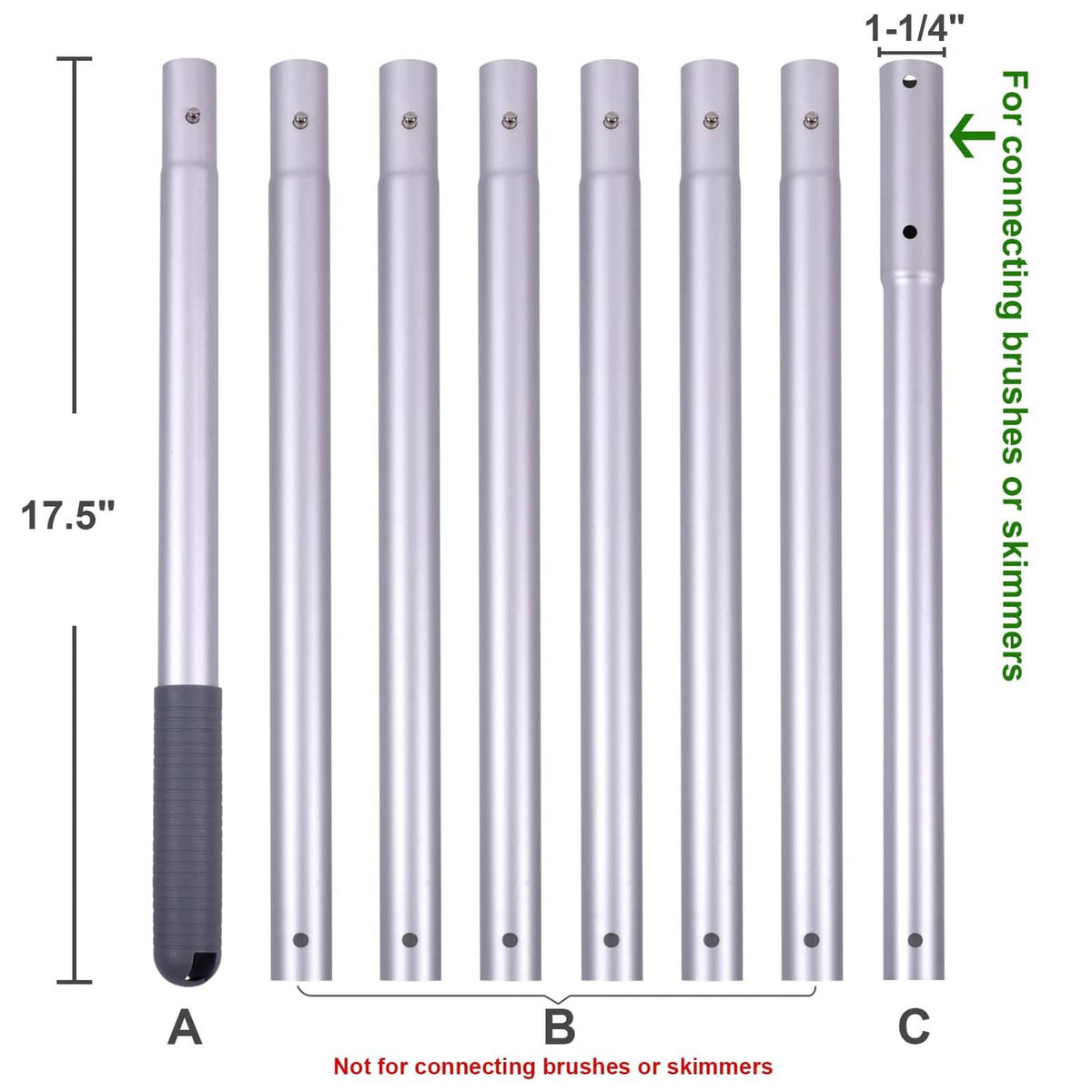 Set of gray anodized aluminum extension pole sections with black base tips