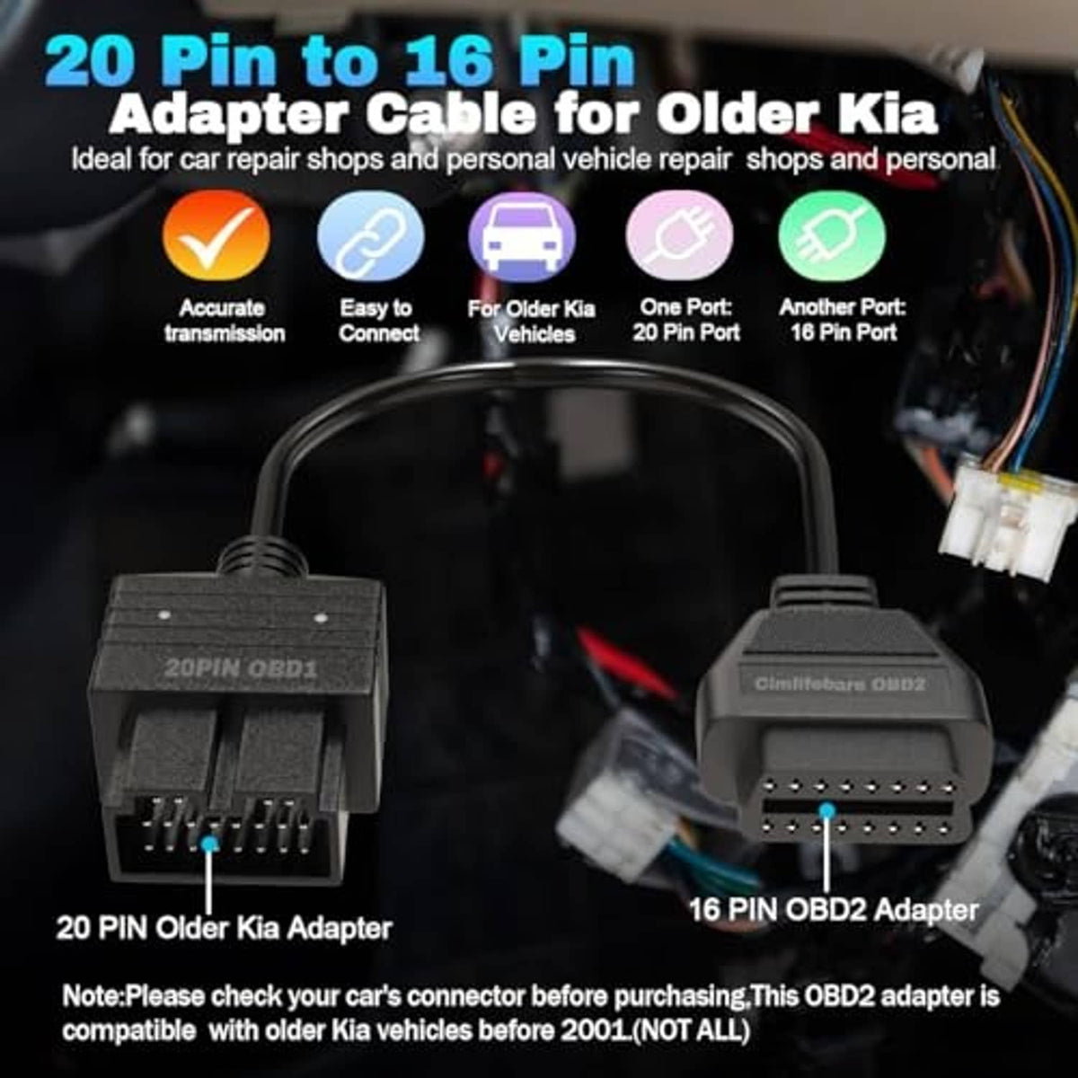 OBD1 to OBD2 adapter cable with 20-pin OBD1 and 16-pin OBD2 connectors