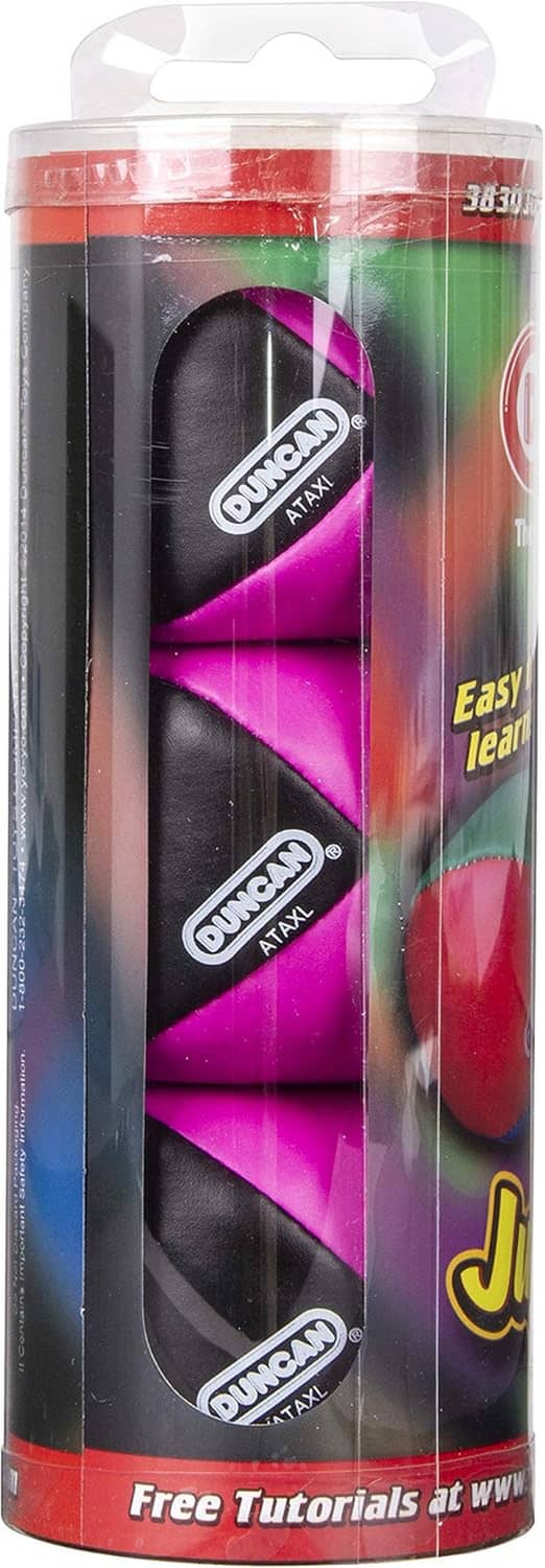 Vinyl juggling balls set in a clear tube, multicolor four-panel design.