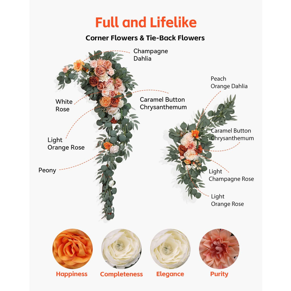 Artificial corner flower garland set with roses and eucalyptus-style leaves