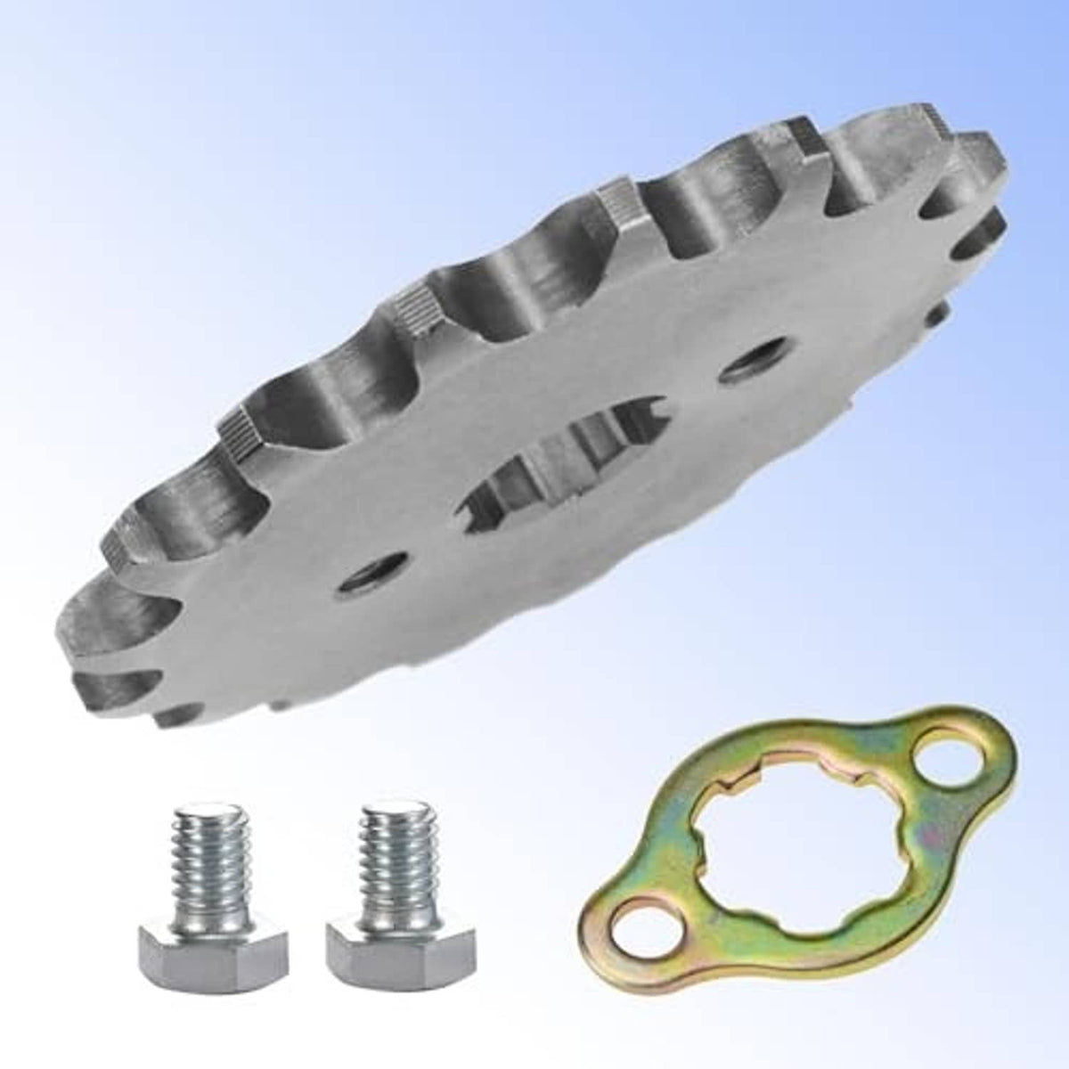 Side view steel 420-17T sprocket with two bolts and gold-colored lock plate