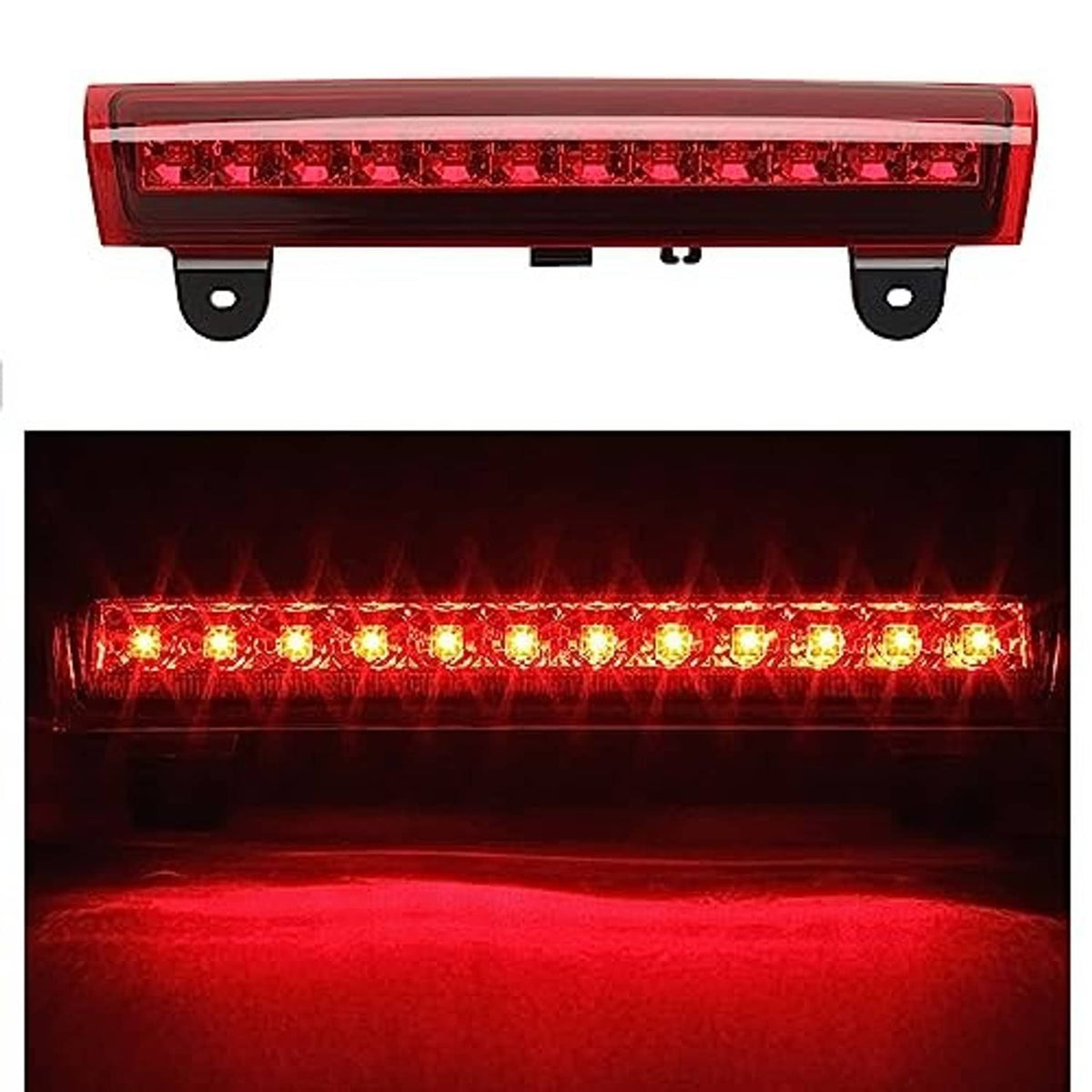Lit red LED third brake light bar with clear lens and multiple light segments