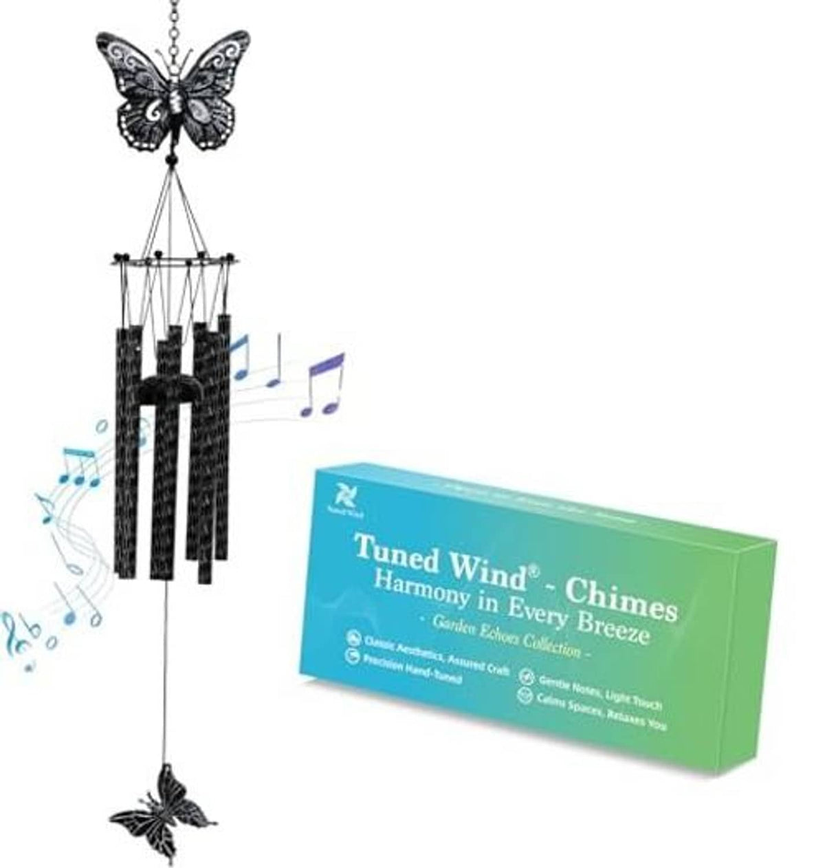Black and white butterfly wind chime with metal bars and hanging butterfly charm