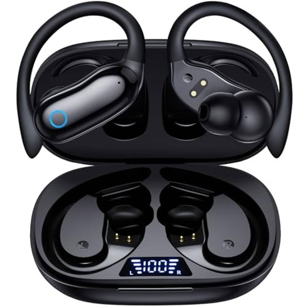 Black wireless earbuds with charging case, earbuds seated in open case
