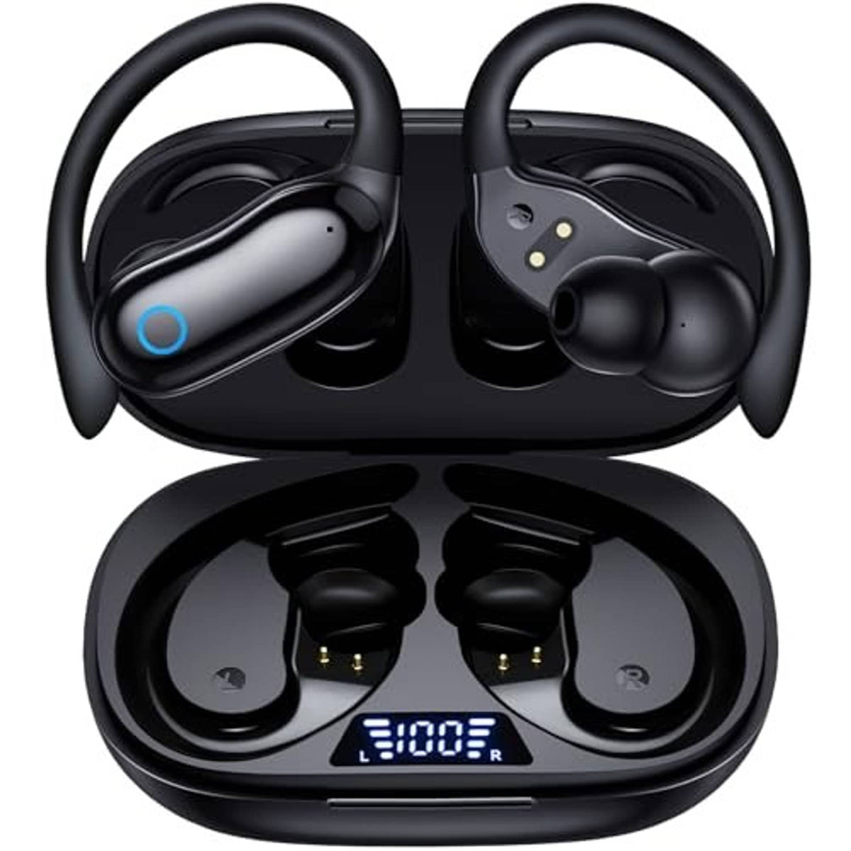 Black wireless earbuds with charging case, earbuds seated in open case