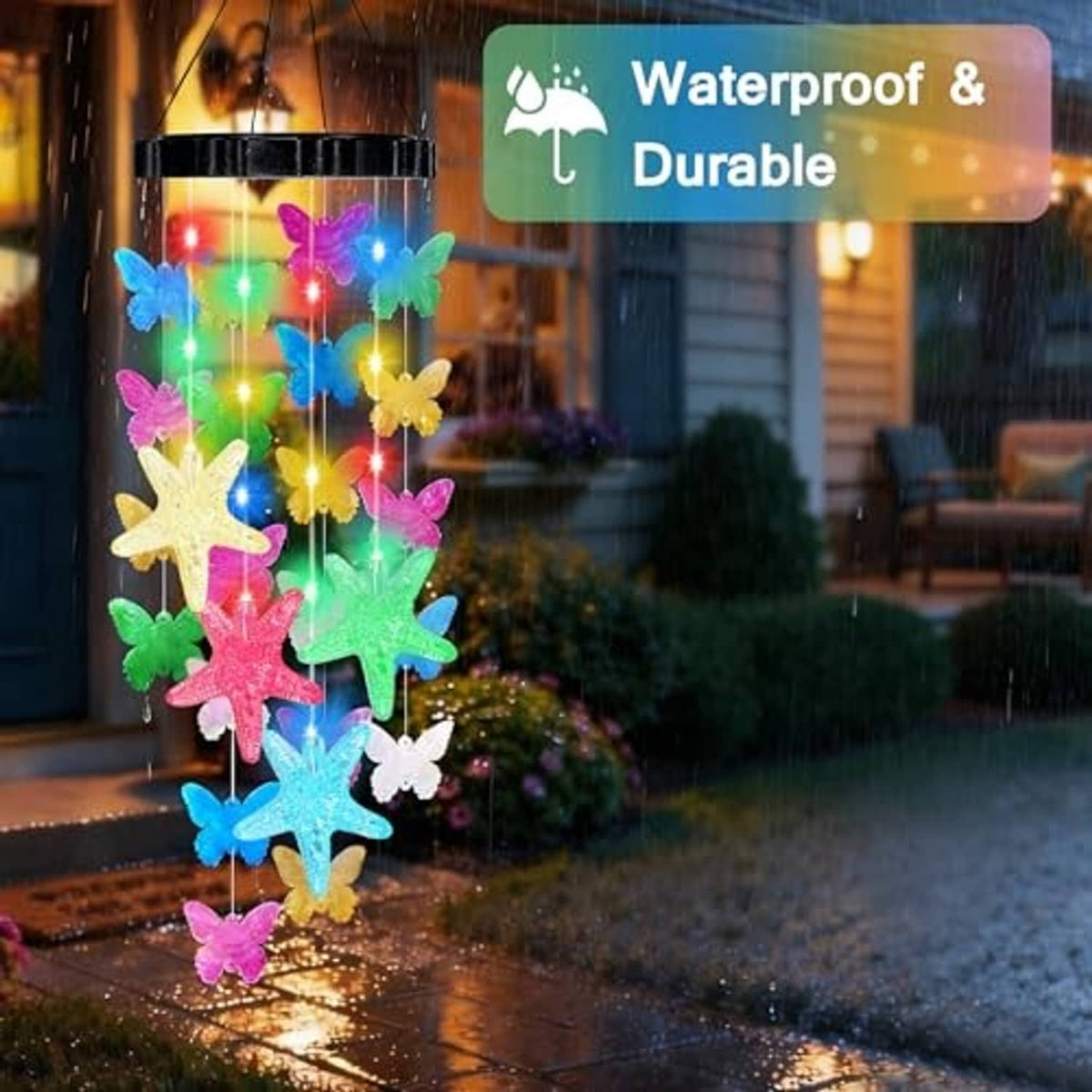 Outdoor solar wind chime with bright multicolor butterfly and starfish lights