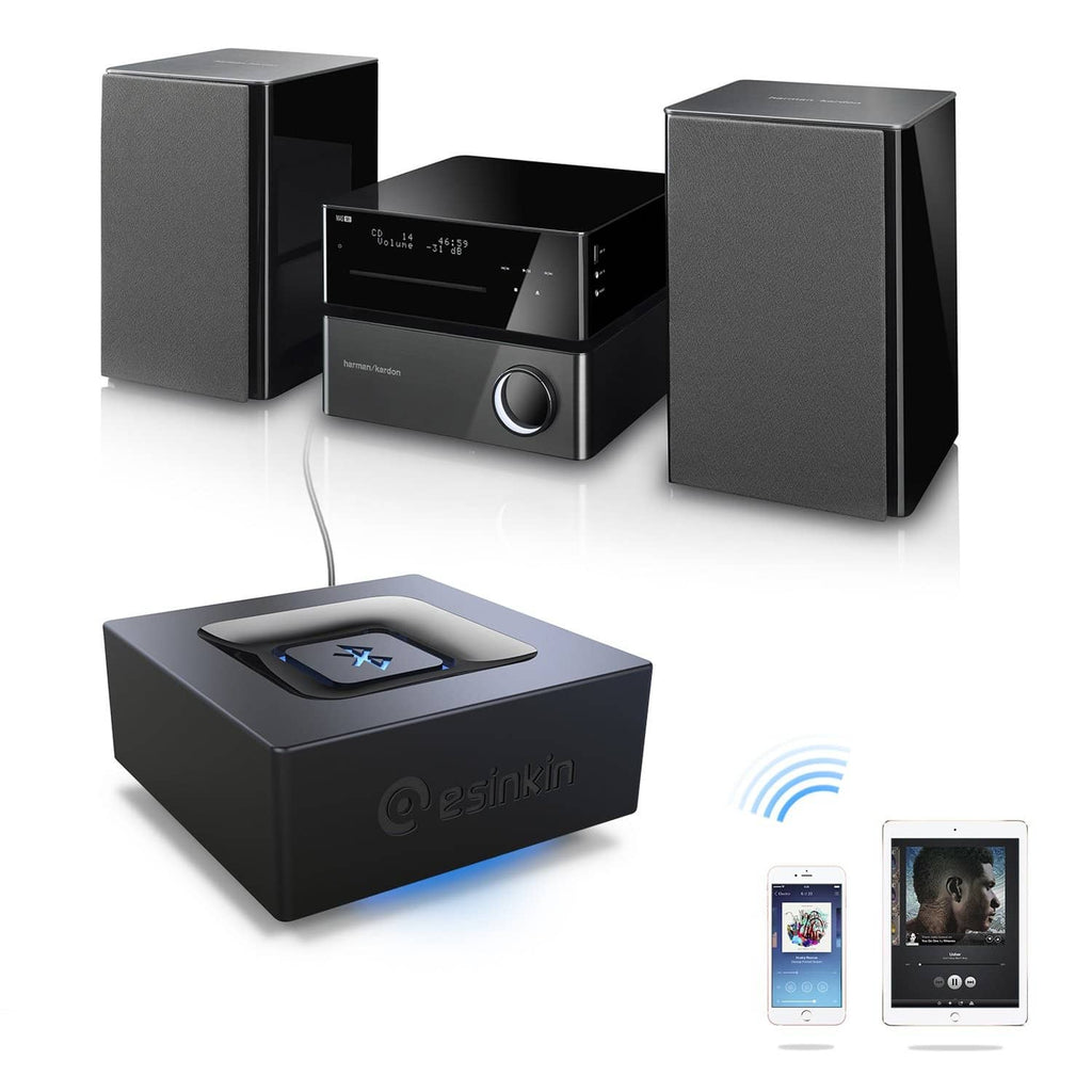 Bluetooth audio adapter kit with speakers, device, and two phones showing playback