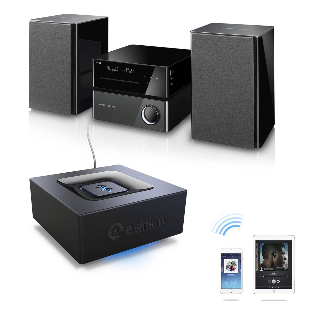Bluetooth audio adapter kit with speakers, device, and two phones showing playback