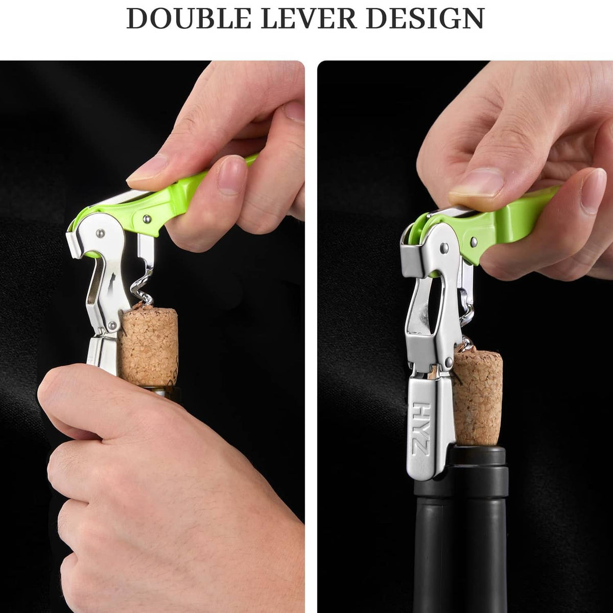Waiter wine corkscrew key in lime green opening a cork with double lever action.