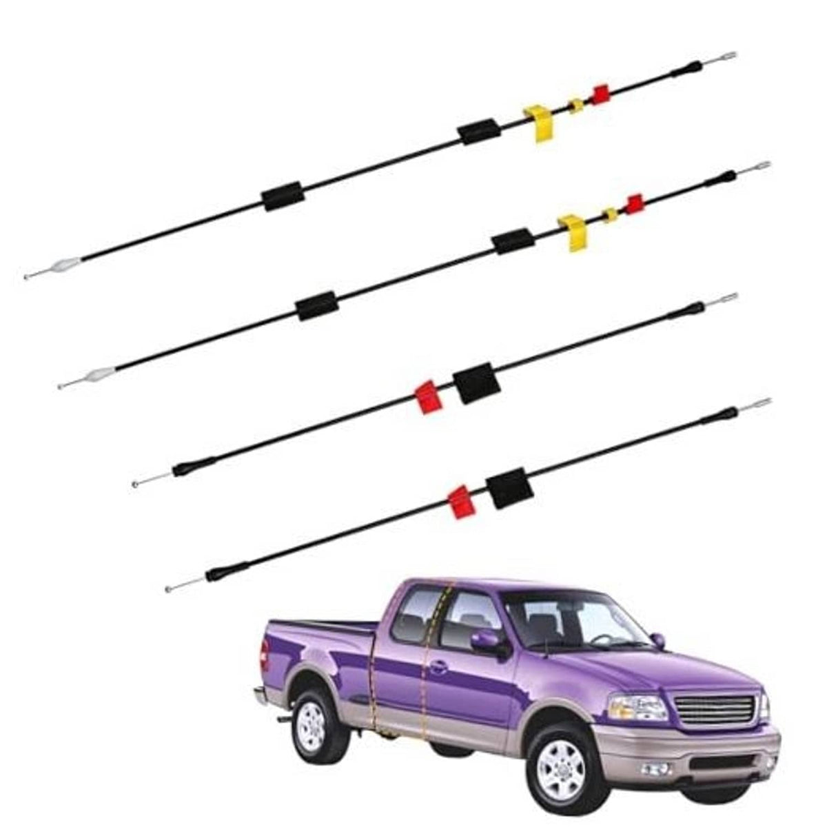 Rear door latch cable set with four black cables and yellow/red connector markings