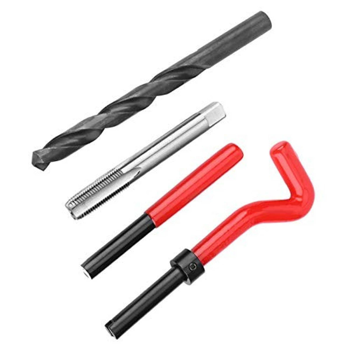 Thread repair kit tools: spiral drill bit, threaded tap, and red-and-black handle