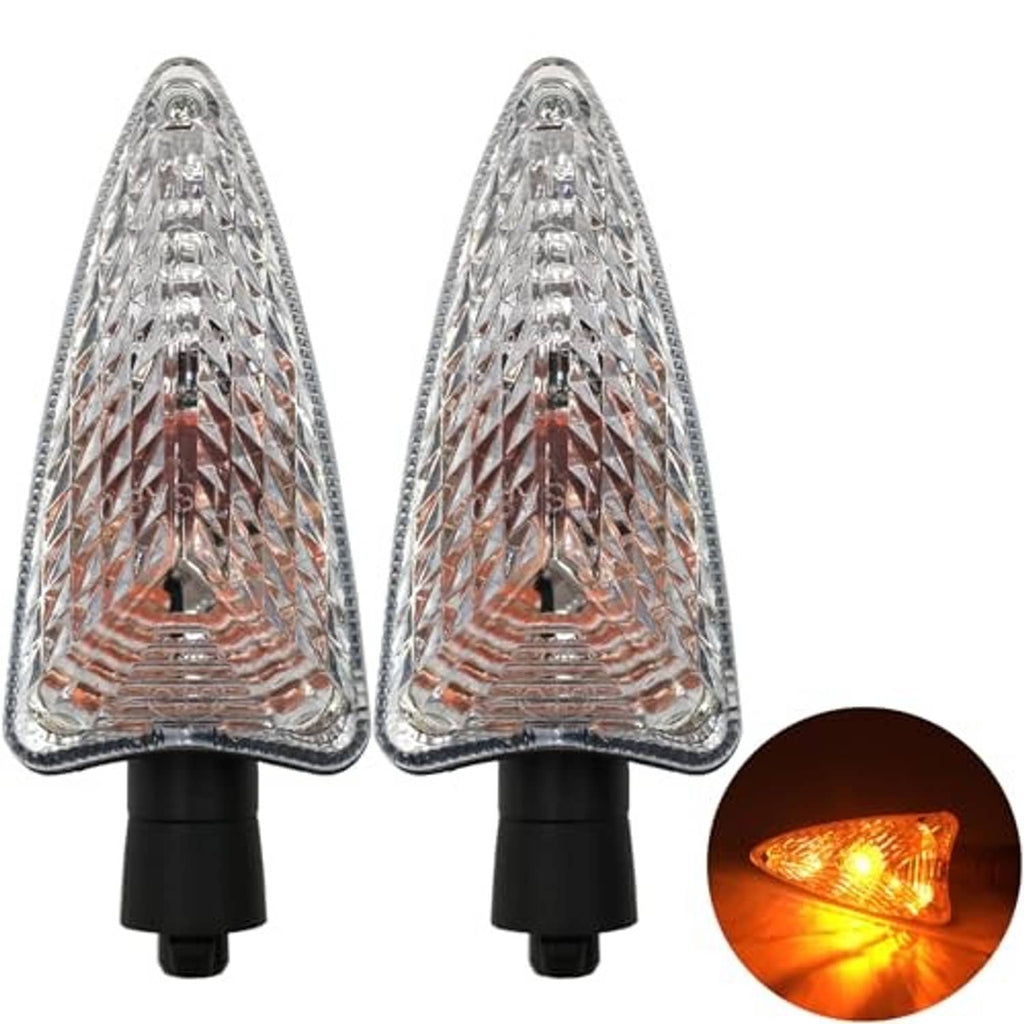 Two motorcycle turn signal lights with clear triangular lens, amber reflector, black stems