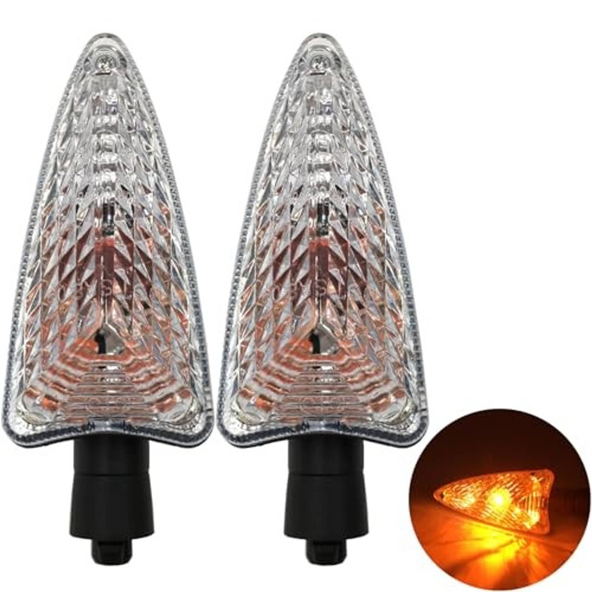 Two motorcycle turn signal lights with clear triangular lens, amber reflector, black stems