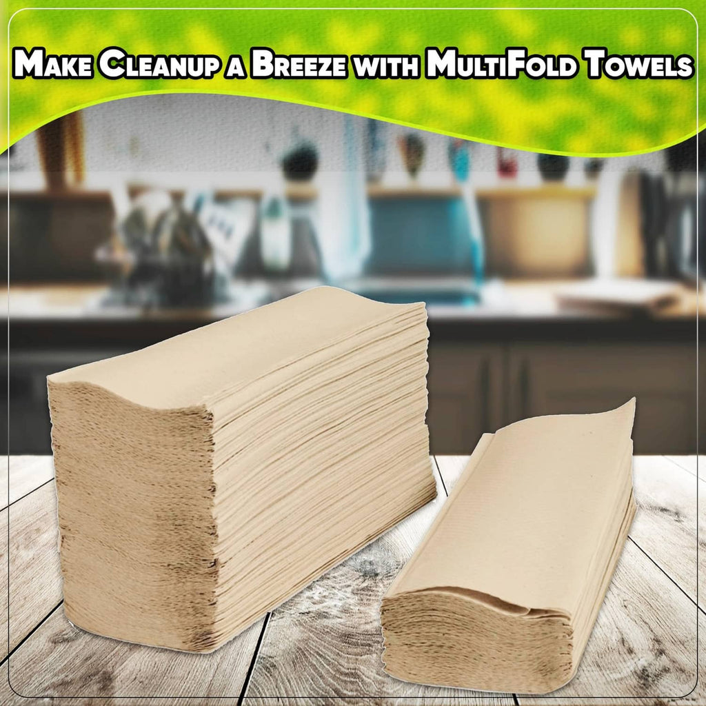 Kraft multi-fold paper towels, brown towel stack with folded sheet ready to grab