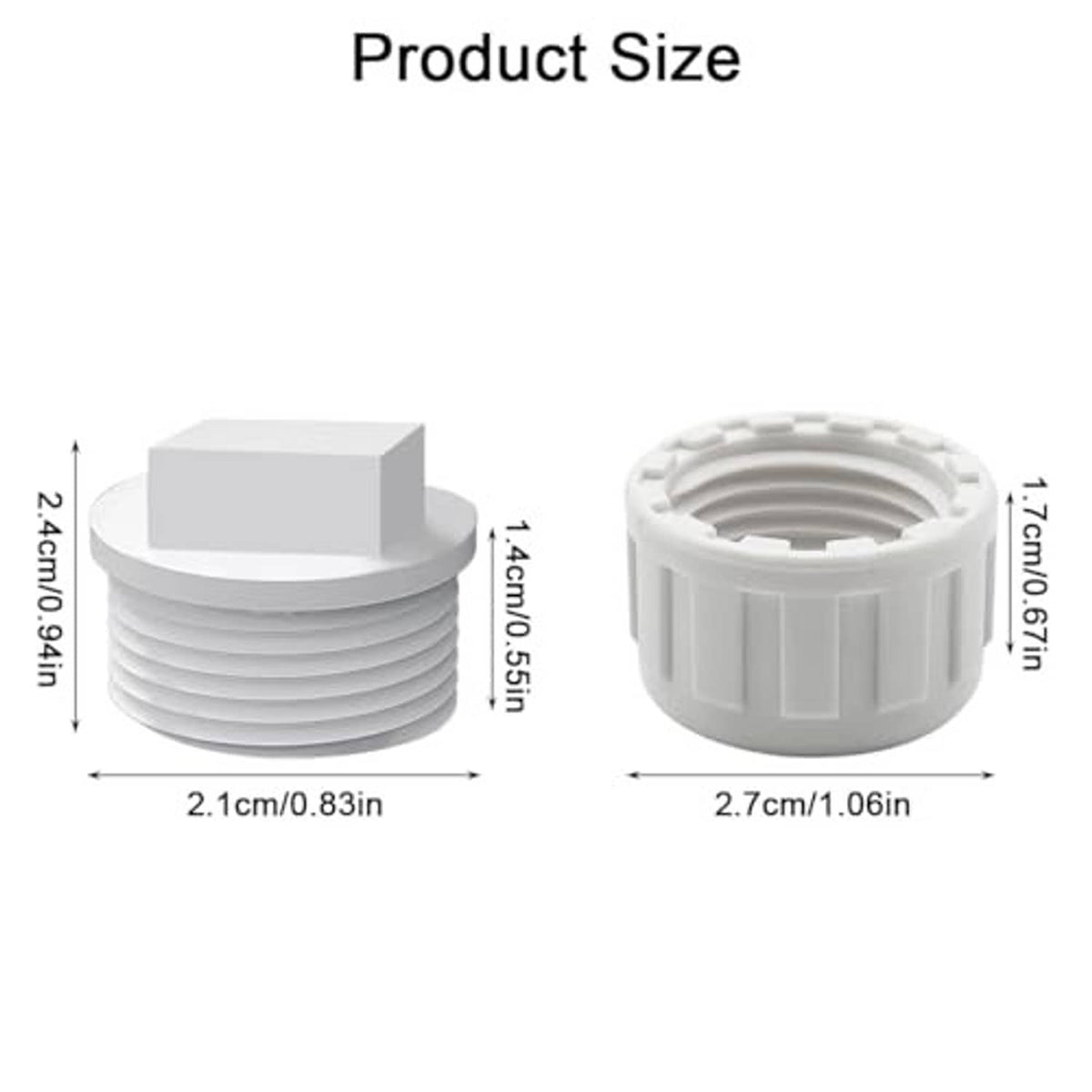 White PVC 1/2 in NPT end cap plug with dimension view of threaded opening
