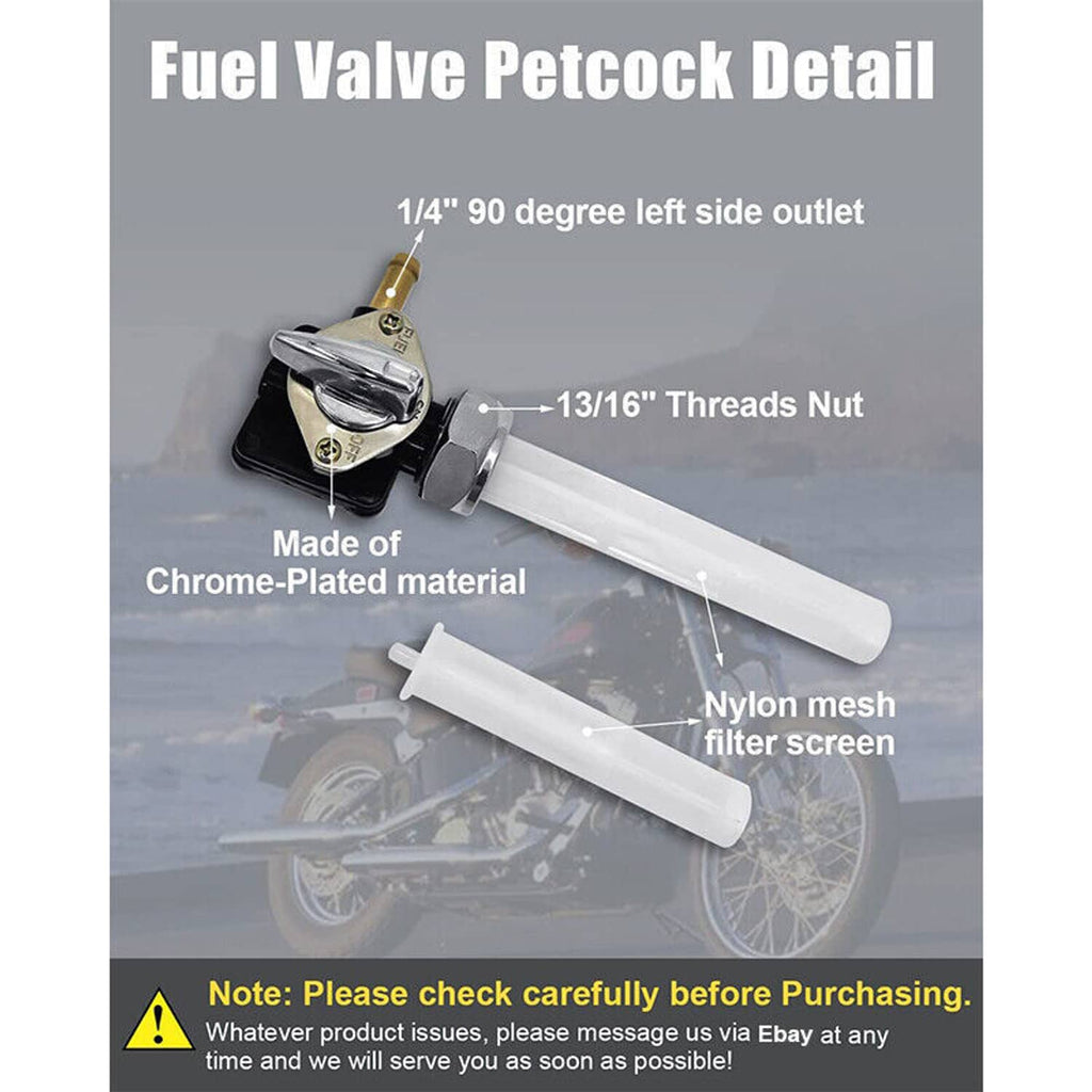 Fuel valve petcock detail with chrome cap, black housing, clear tube, and mesh filter screen.