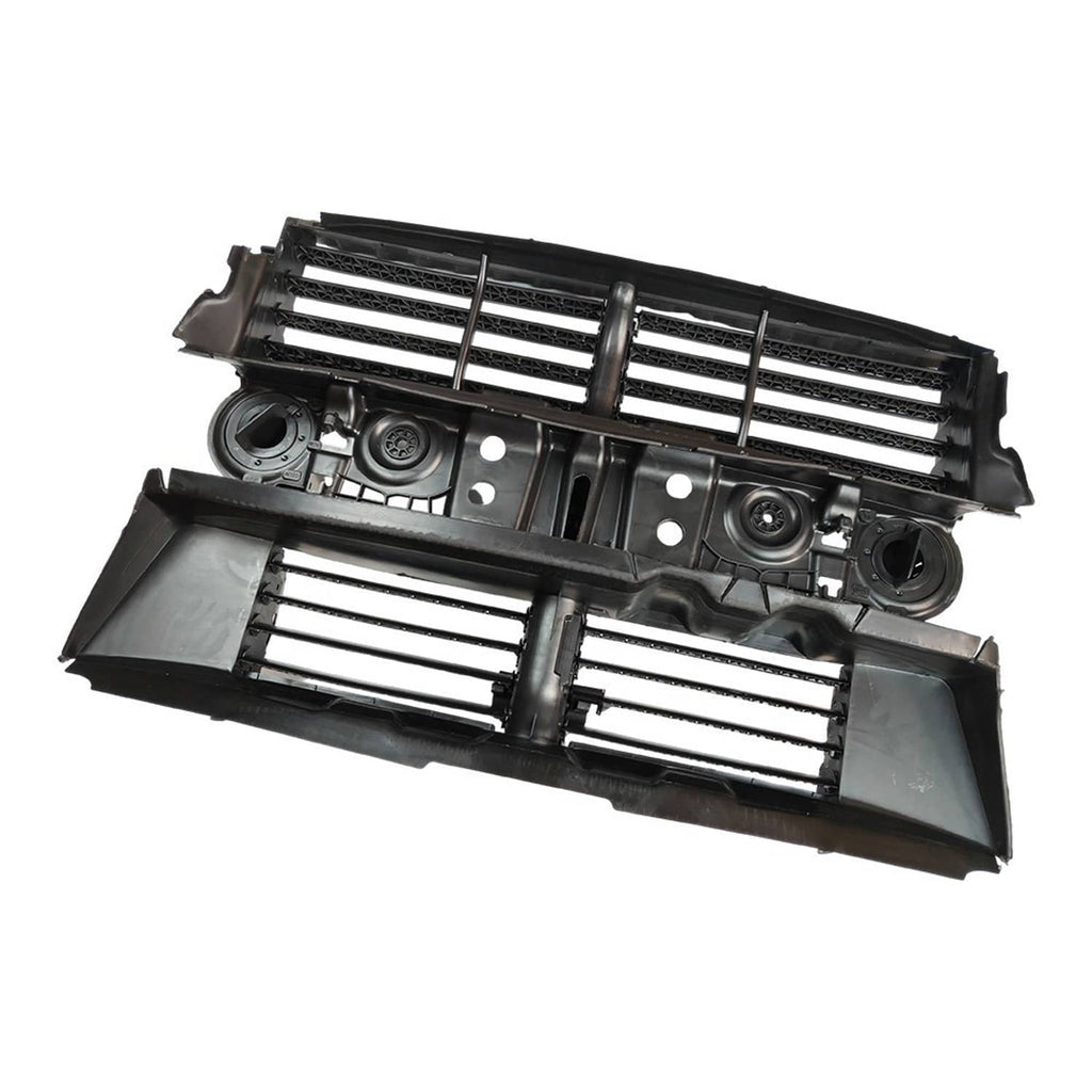 Front grille shutter assembly with motor, underside view with slats and mounting points