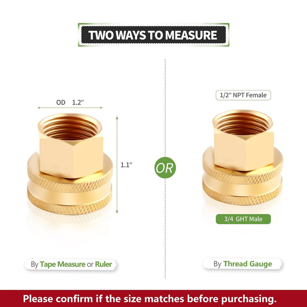 Brass garden hose connectors sized: 1/2 in NPT female or 3/4 in GHT male