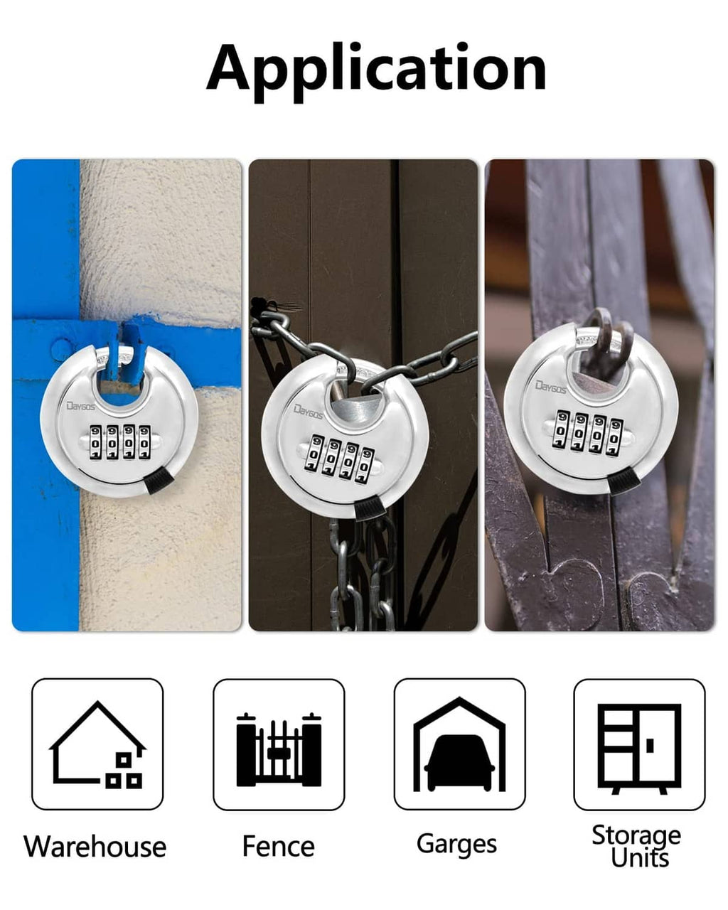 Silver disc padlock attached to a chain on a metal gate, 4-digit dials visible