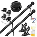 Black flag pole with mounting brackets, rotating base, and included installation hardware set