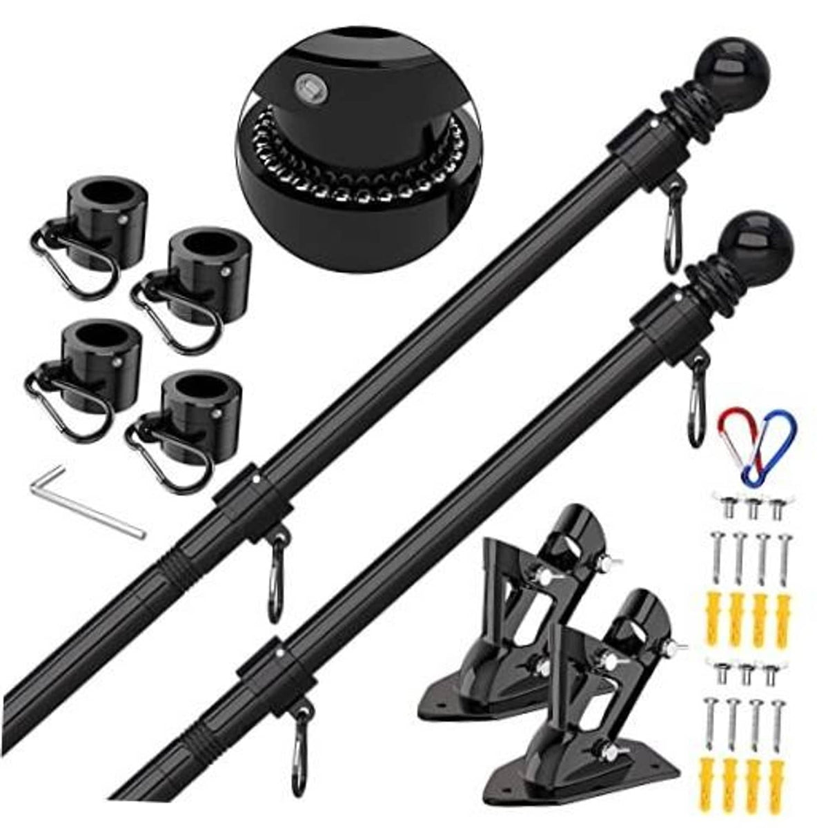 Black flag pole with mounting brackets, rotating base, and included installation hardware set