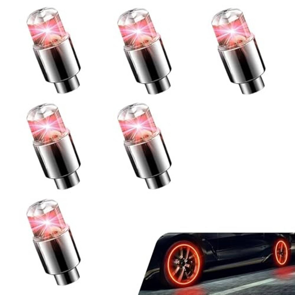 Six red glowing LED tire valve stem caps in chrome metal