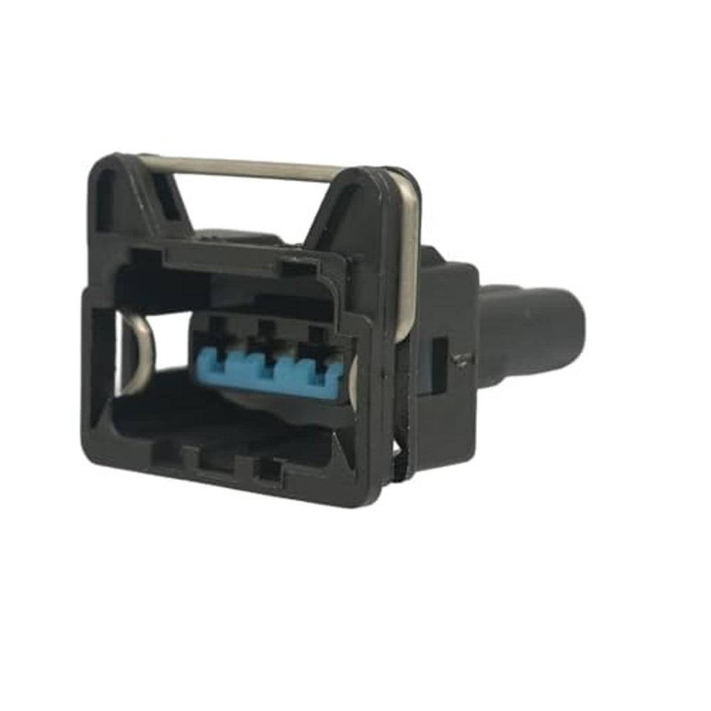 4-pin wiring harness pigtail connector with blue terminals, black housing, gray side body