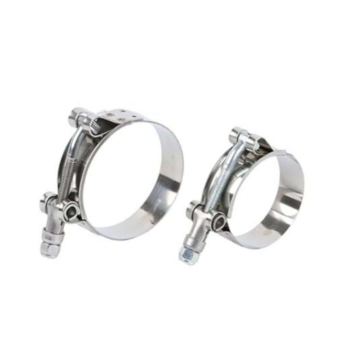 Stainless steel T-bolt hose clamps with hinged band and screw, set of two