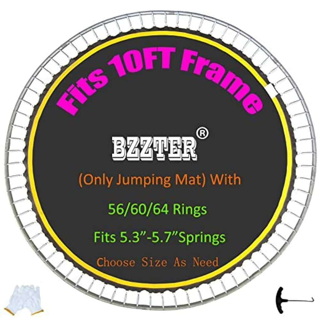 BZZTER trampoline jumping mat insert with yellow border, ring count and spring size text