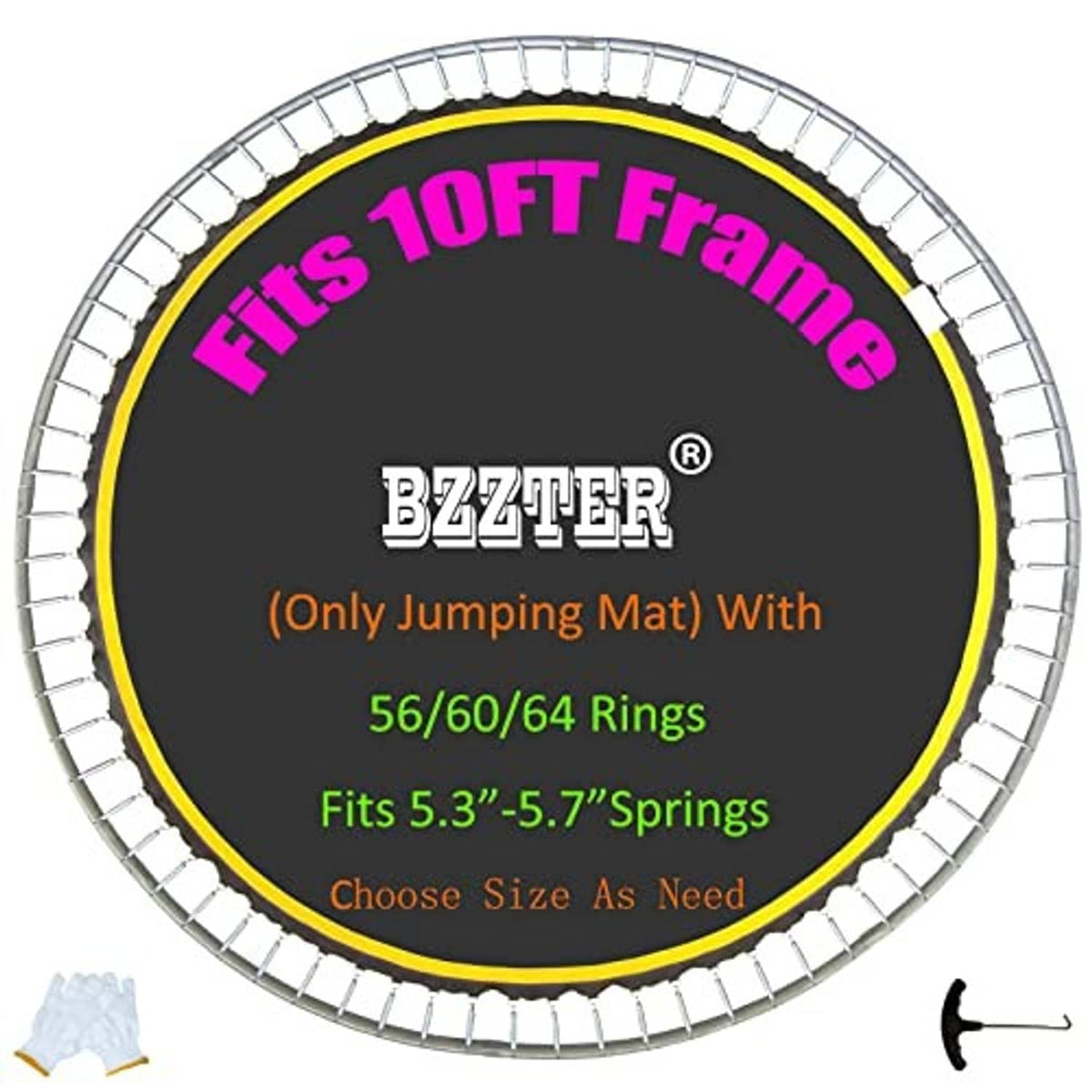 BZZTER trampoline jumping mat insert with yellow border, ring count and spring size text
