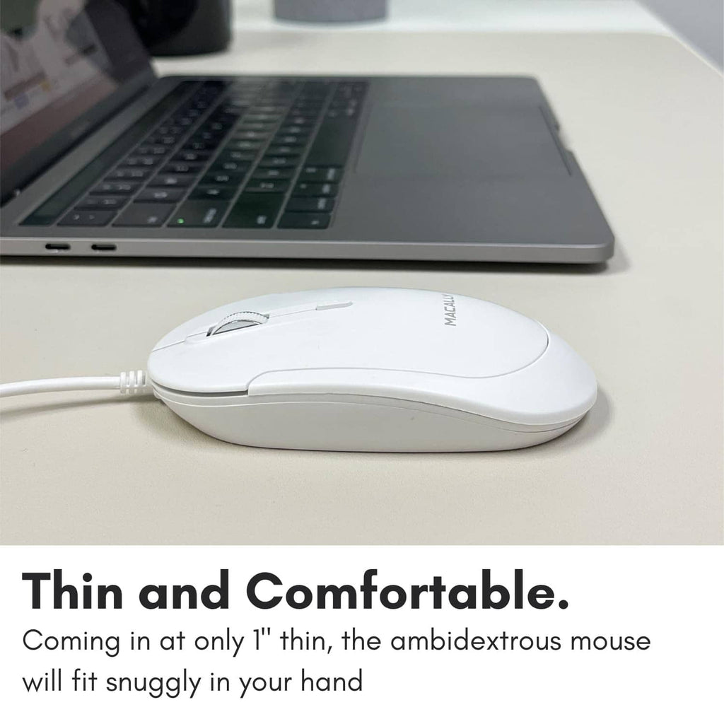 White wired optical mouse, thin ambidextrous shape, MACALLY logo