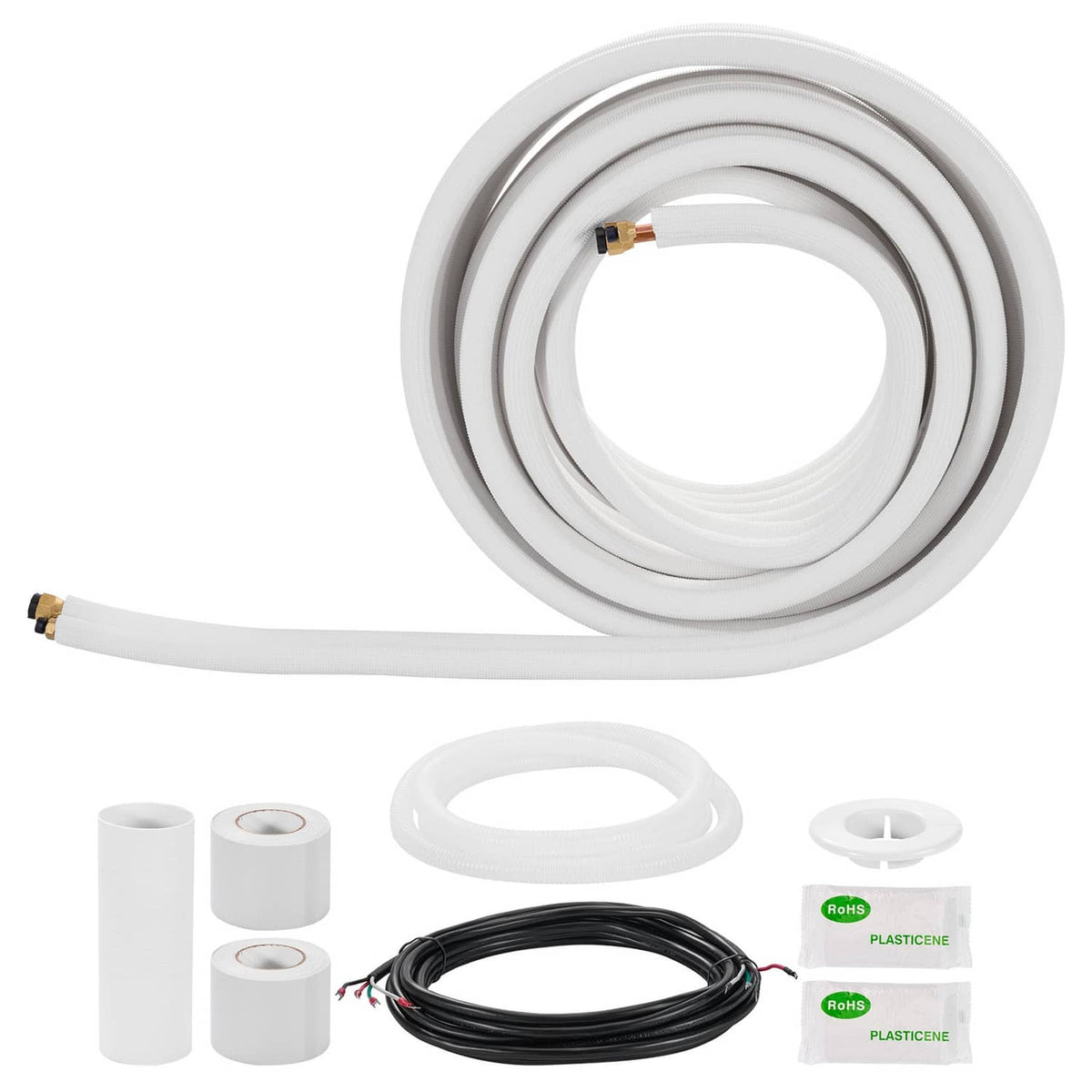 50ft mini split line set with white PE-insulated copper tubing coil and fittings