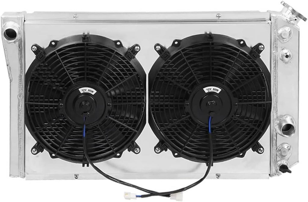Aluminum radiator with twin black fans and protective mounting frame