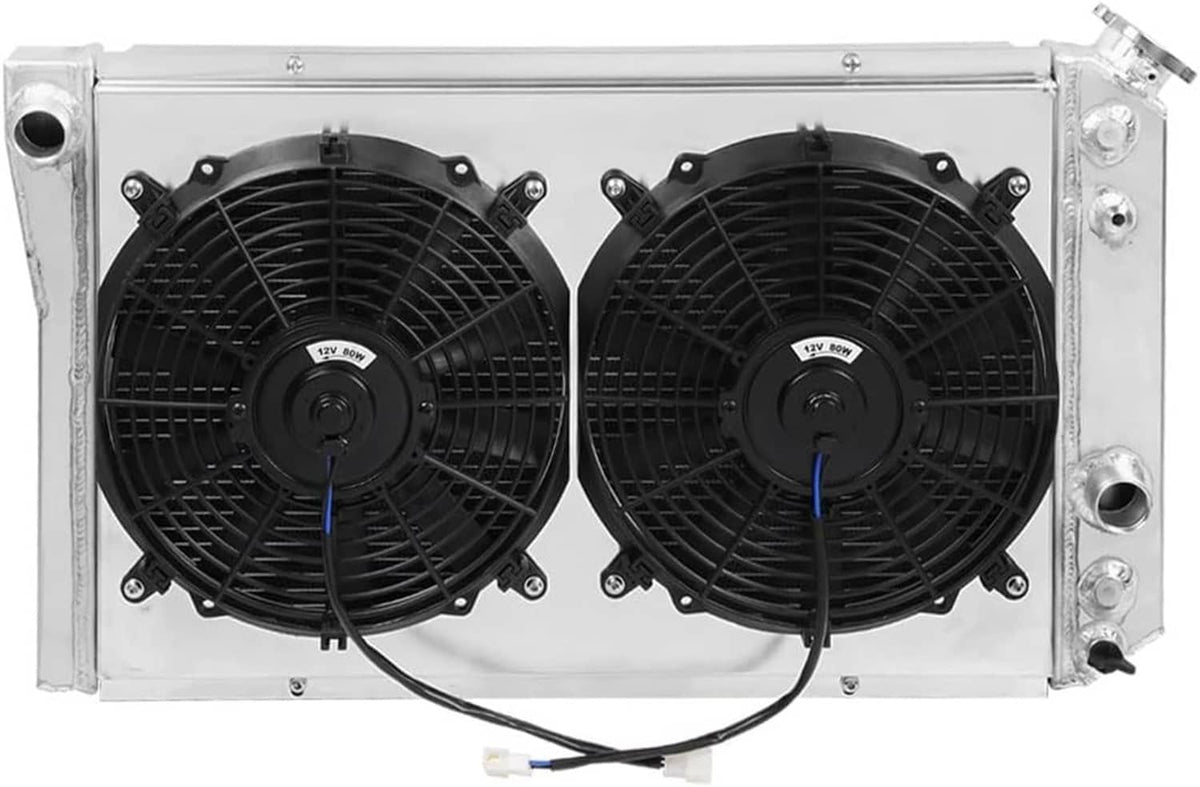Aluminum radiator with twin black fans and protective mounting frame