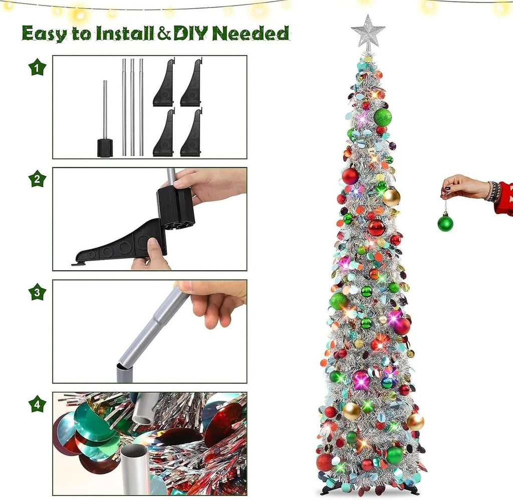 6ft collapsible tinsel Christmas tree setup guide with star topper and multicolor LED lights