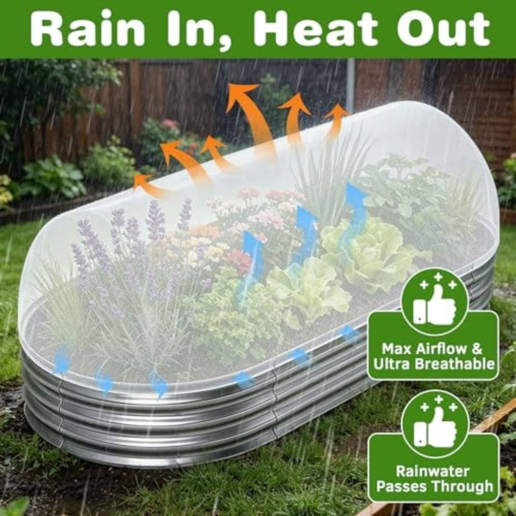 White ultra-fine mesh raised bed cover with silver frame for airflow and rain pass-through