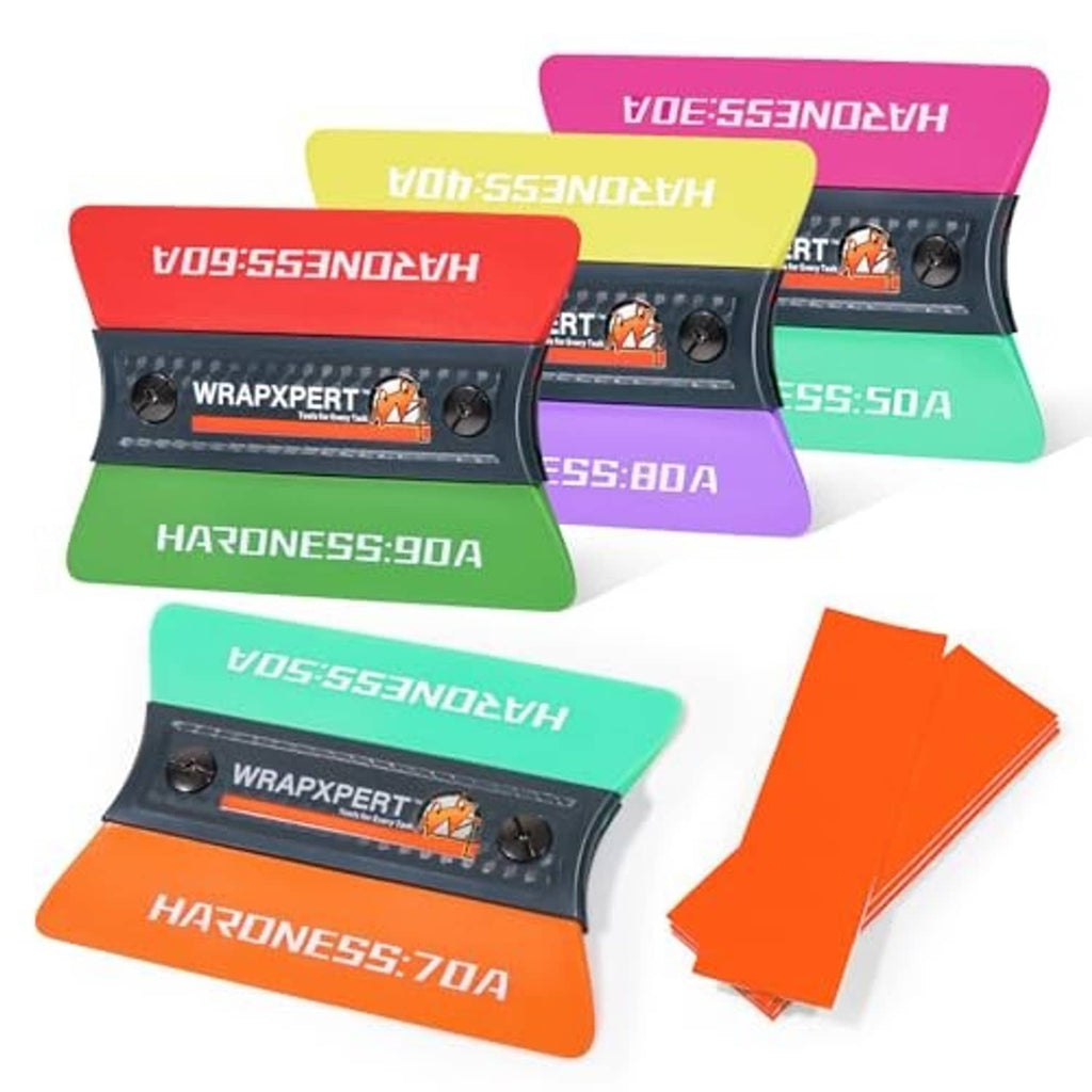 Magnetic vinyl wrap felt squeegee set with multiple colored blades and an orange film piece