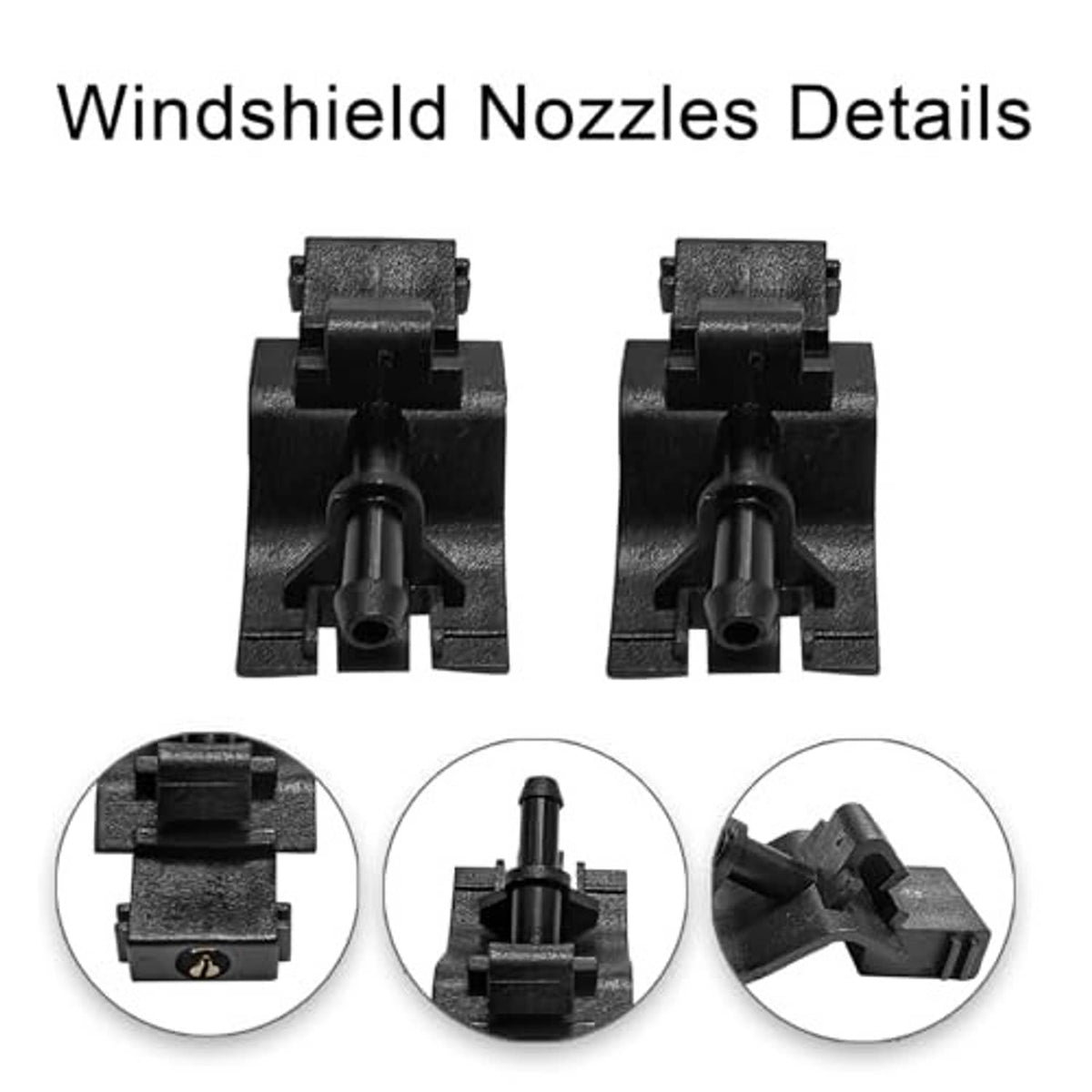 Windshield washer nozzle detail, two black assemblies with circular outlet openings