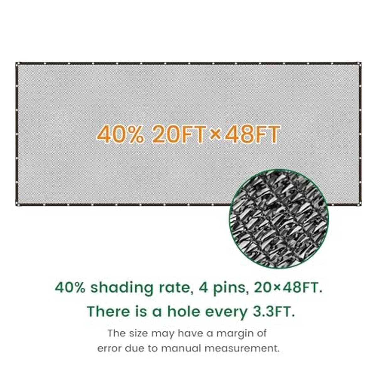 Woven sun shade cloth panel with metal grommets, 20 ft x 48 ft, dark gray/black