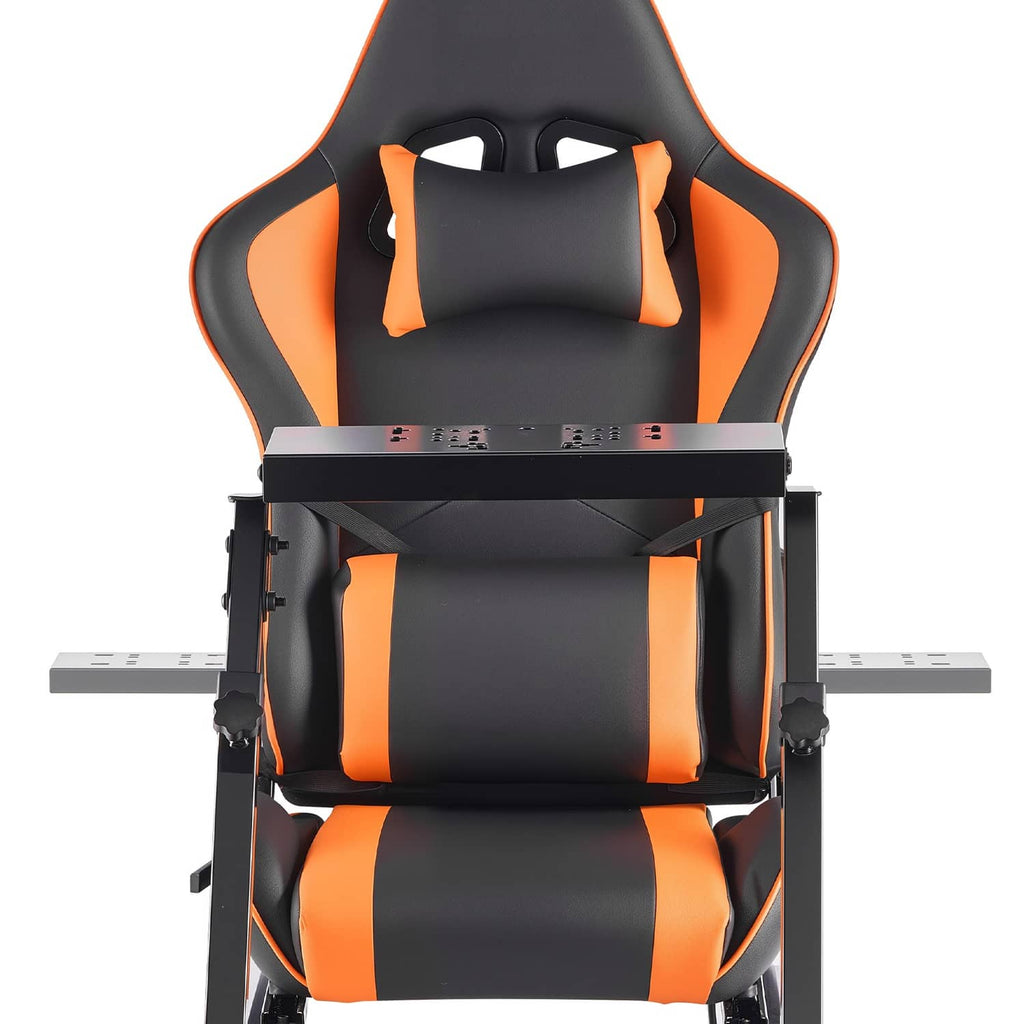 Racing wheel stand with orange-and-black padded gaming seat and front mounting plate